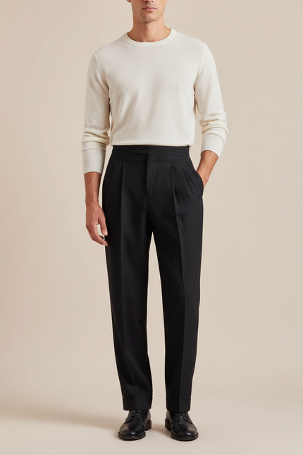 Pantalon À Pince Noir Droit Rayé Plissé Élégant Homme - Laine