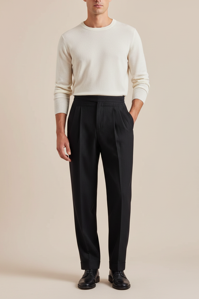 Pantalon À Pince Noir Droit Rayé Plissé Élégant Homme - Laine