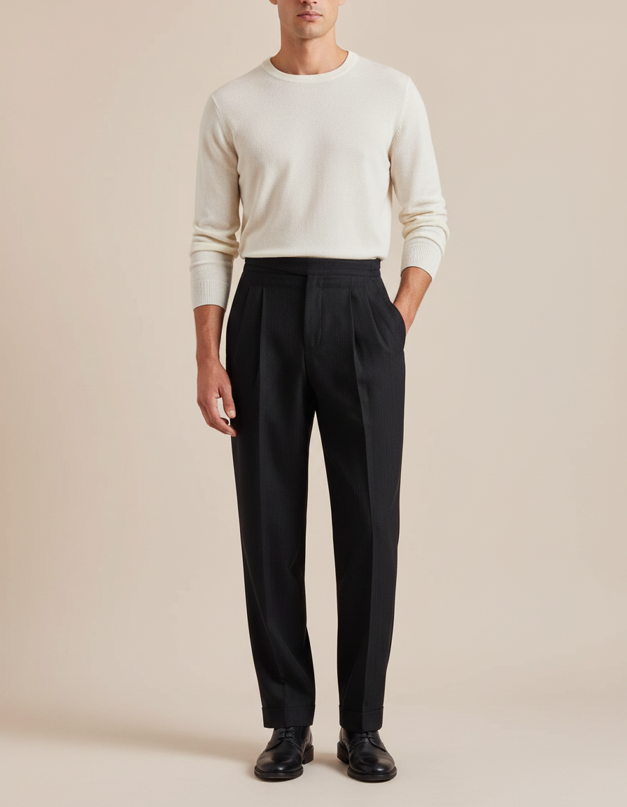 Pantalon À Pince Noir Droit Rayé Plissé Élégant Homme - Laine
