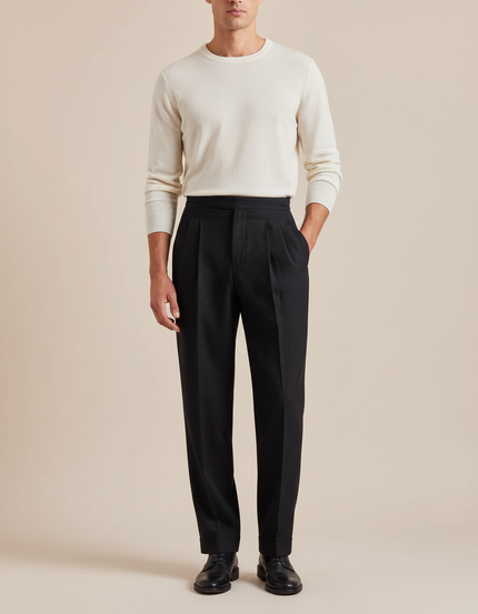 Pantalon À Pince Noir Droit Rayé Plissé Élégant Homme - Laine