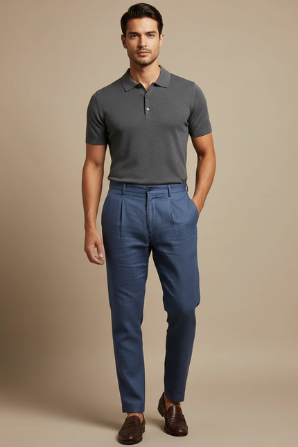 Pantalon À Pince Bleu Lin Plissé Décontracté Homme