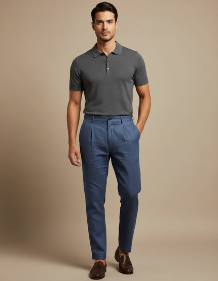Pantalon À Pince Bleu Lin Plissé Décontracté Homme