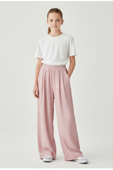 Pantalon À Pince Rose Plissé Ample Fluide Fille - Polyester
