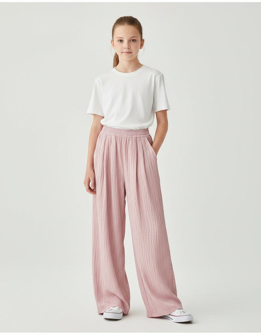 Pantalon À Pince Rose Plissé Ample Fluide Fille - Polyester