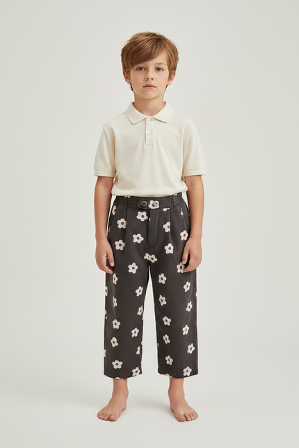 Pantalon À Pince Gris Fleurs Blanches Ample Enfant Coton