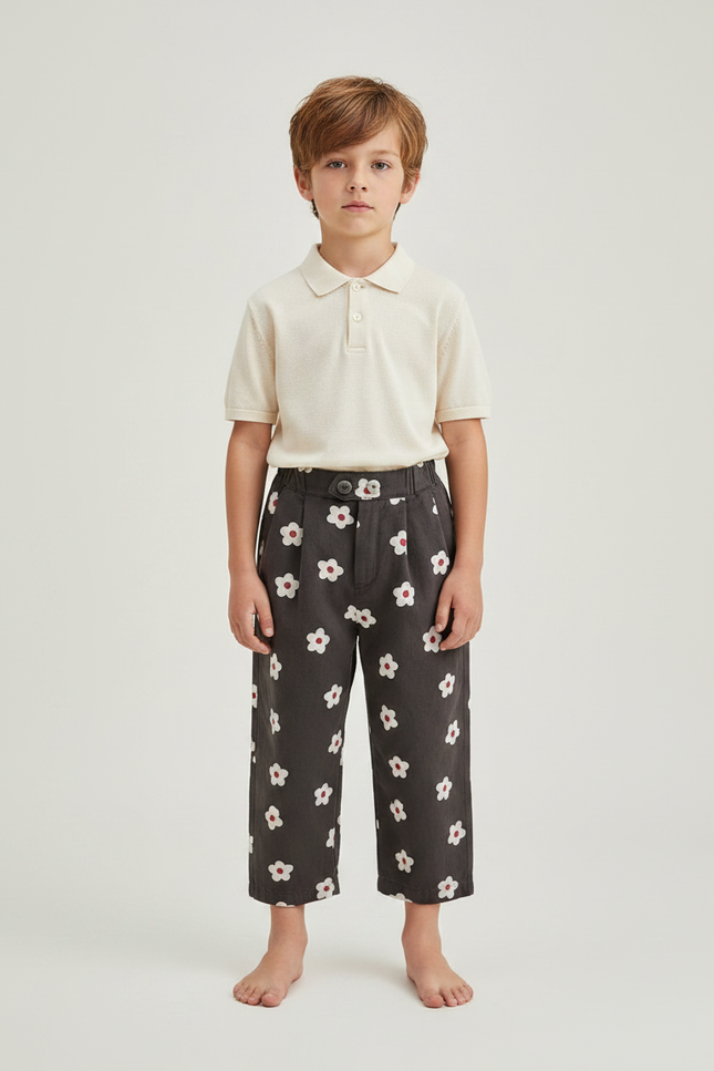 Pantalon À Pince Gris Fleurs Blanches Ample Enfant Coton