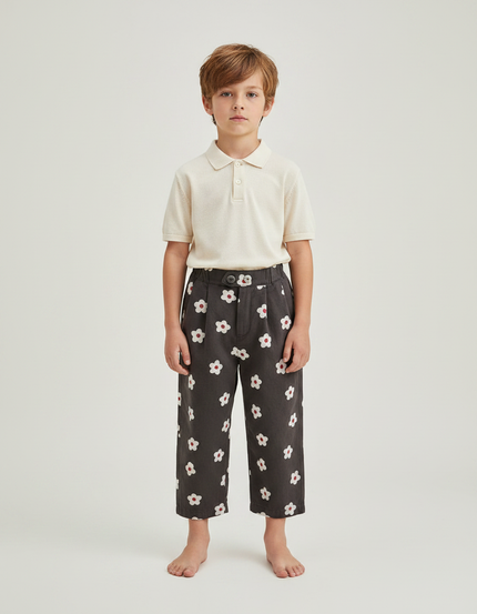 Pantalon À Pince Gris Fleurs Blanches Ample Enfant Coton