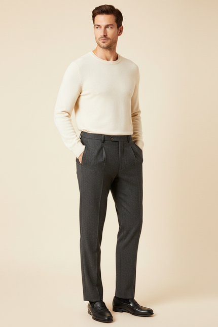 Pantalon À Pince Gris Anthracite Chevron Plissé Homme - Tweed