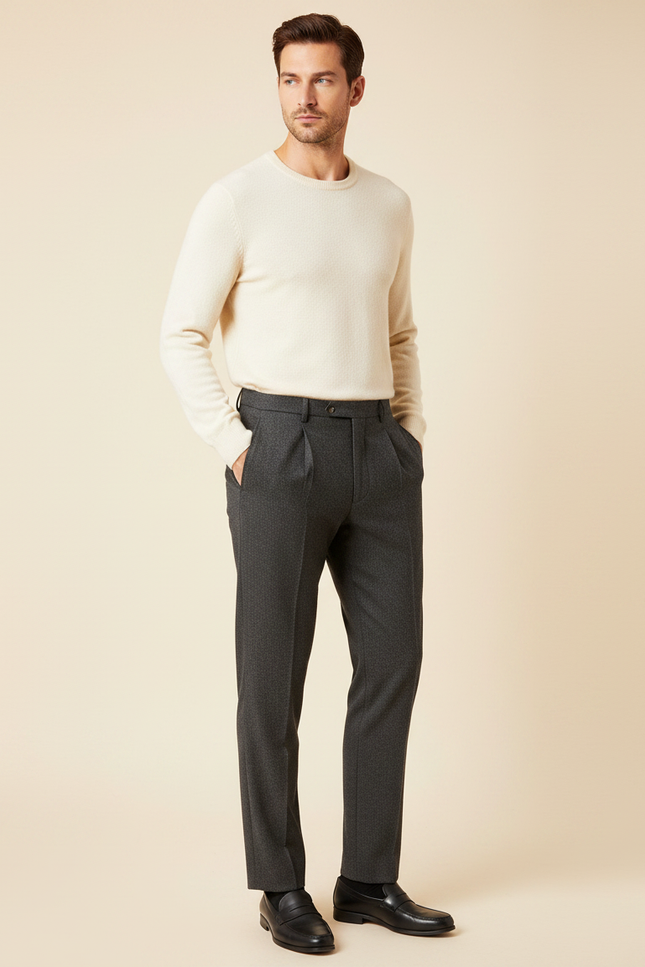 Pantalon À Pince Gris Anthracite Chevron Plissé Homme - Tweed