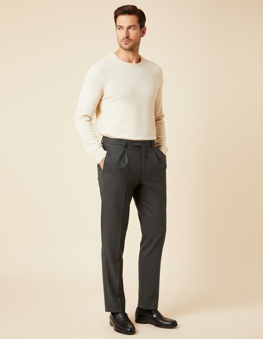 Pantalon À Pince Gris Anthracite Chevron Plissé Homme - Tweed