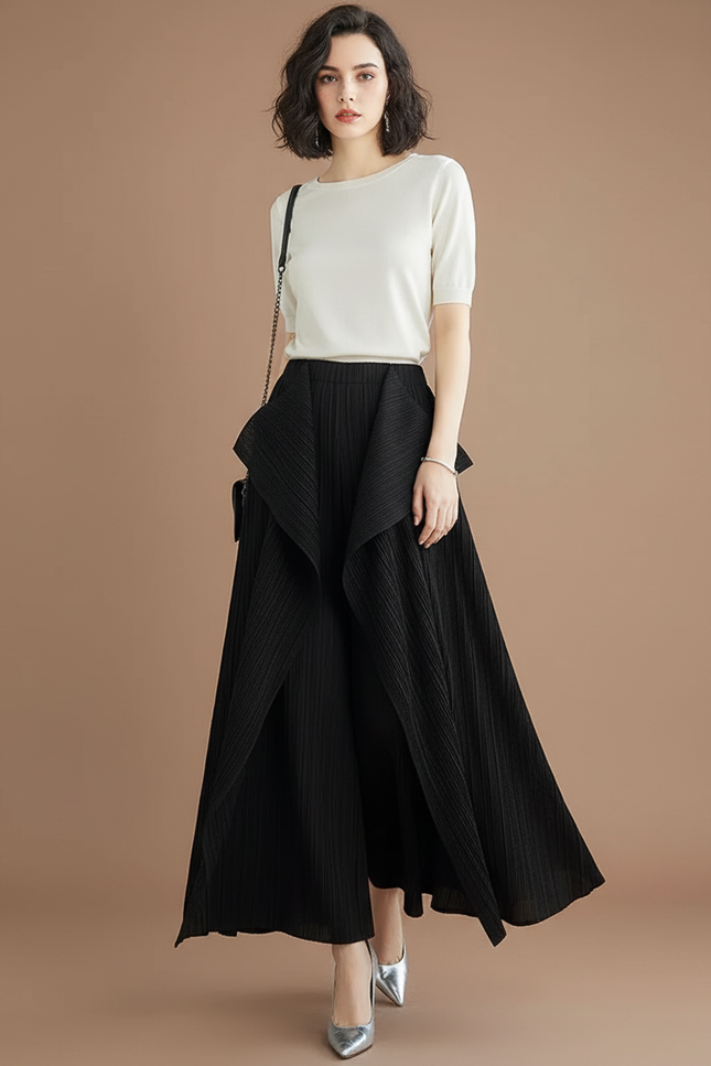 Pantalon À Pince Noir Plissé Irrégulier Ample Élégant Femme - Polyester