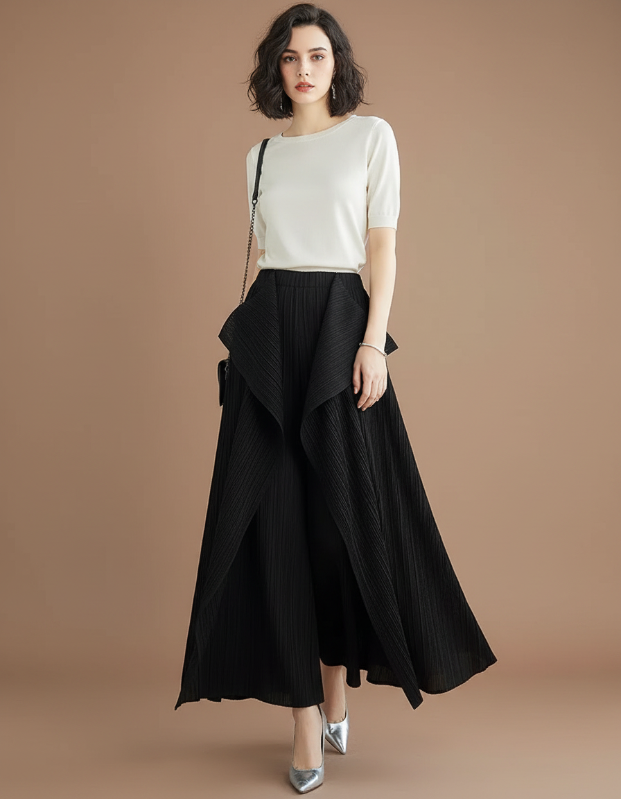 Pantalon À Pince Noir Plissé Irrégulier Ample Élégant Femme - Polyester