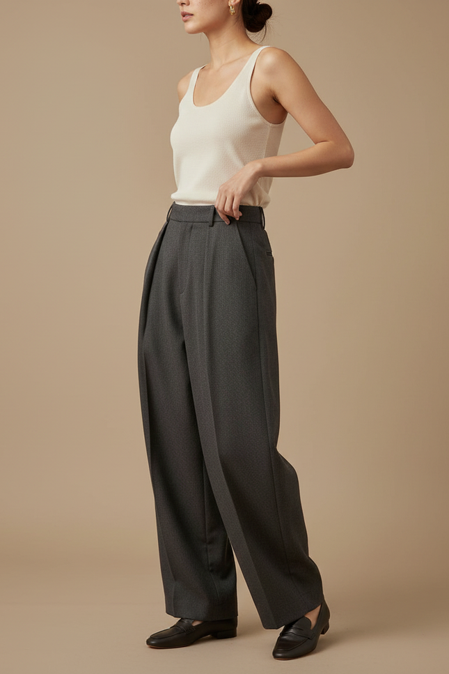 Pantalon À Pinces Large Femme - Gris Gabardine