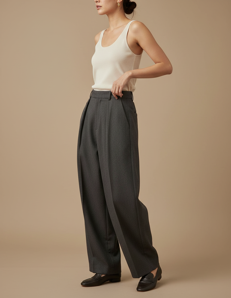 Pantalon À Pinces Large Femme - Gris Gabardine