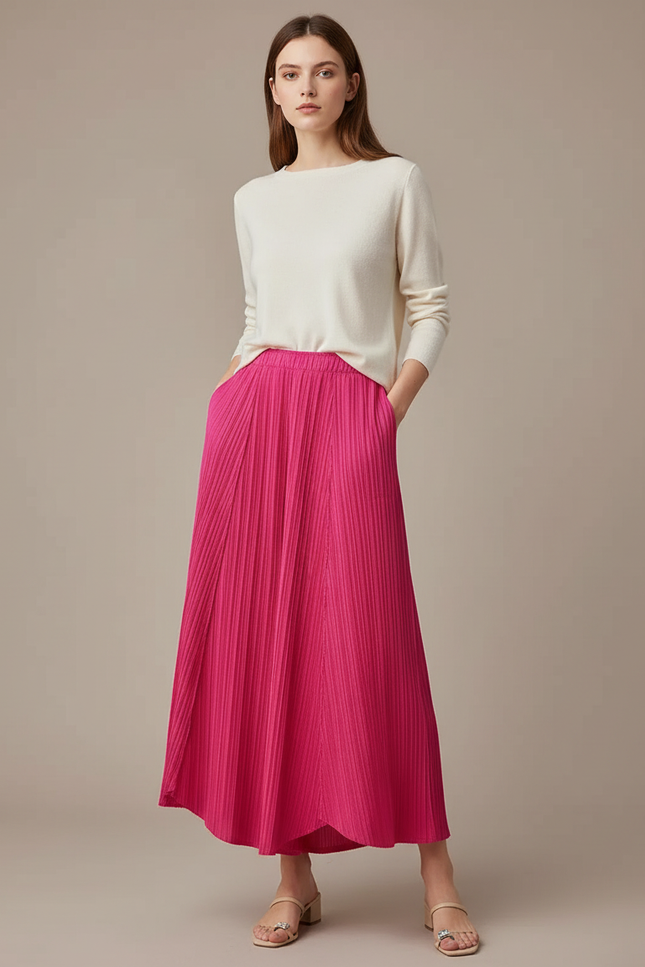 Pantalon À Pince Plissé Fluide Rose Éclatant Ample - Polyester
