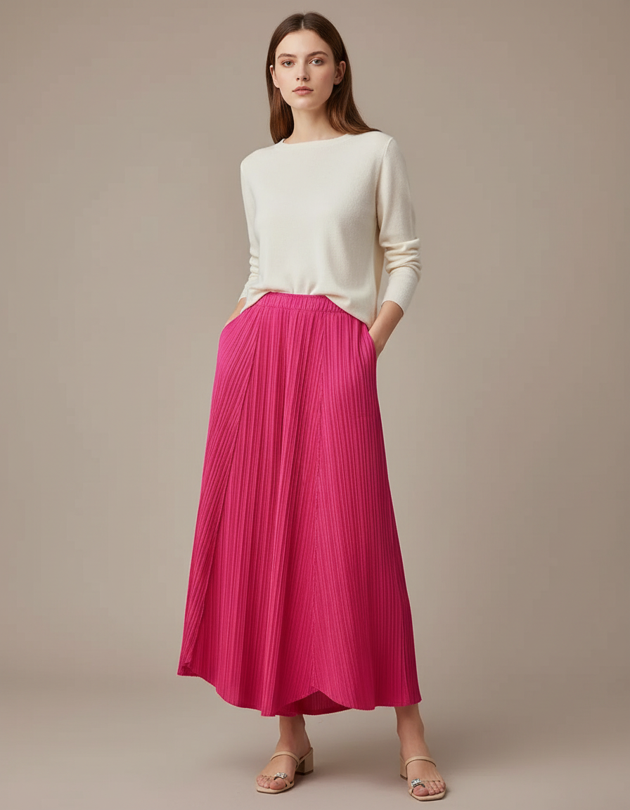 Pantalon À Pince Plissé Fluide Rose Éclatant Ample - Polyester