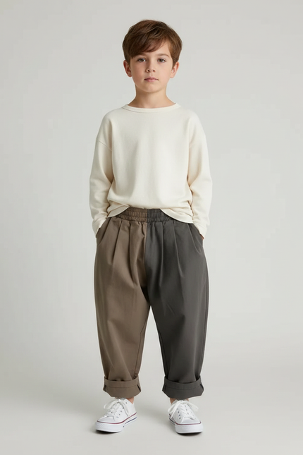 Pantalon À Pince Bicolore Ample Plissé Décontracté Enfant - Multicolore Gabardine