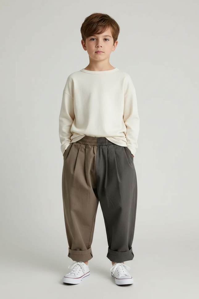 Pantalon À Pince Bicolore Ample Plissé Décontracté Enfant - Multicolore Gabardine