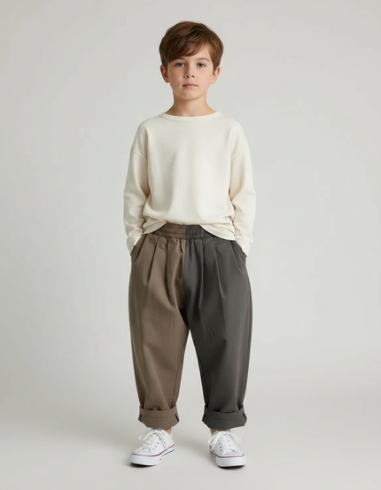Pantalon À Pince Bicolore Ample Plissé Décontracté Enfant - Multicolore Gabardine