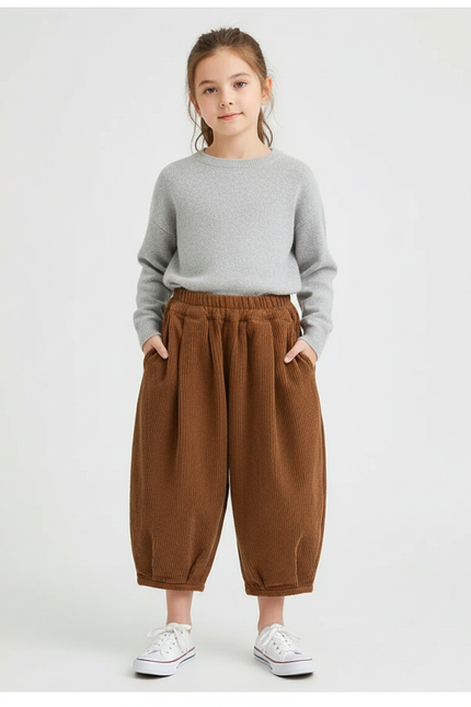 Pantalon À Pince Marron Côtelé Ample Décontracté Enfant - Cordé