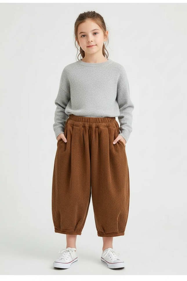 Pantalon À Pince Marron Côtelé Ample Décontracté Enfant - Cordé