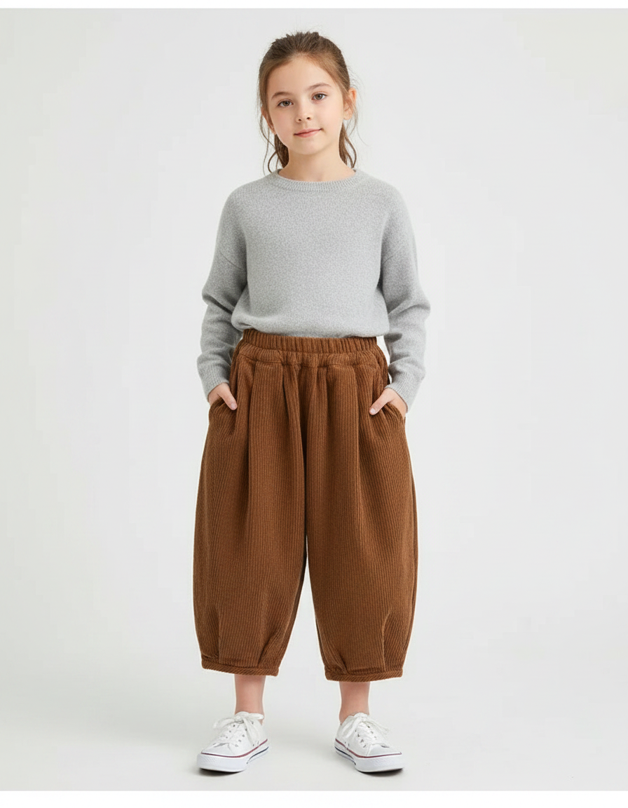 Pantalon À Pince Marron Côtelé Ample Décontracté Enfant - Cordé
