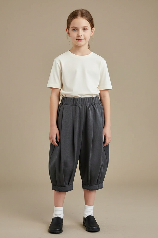 Pantalon À Pince Gris Plissé Ample Enfant Décontracté - Viscose