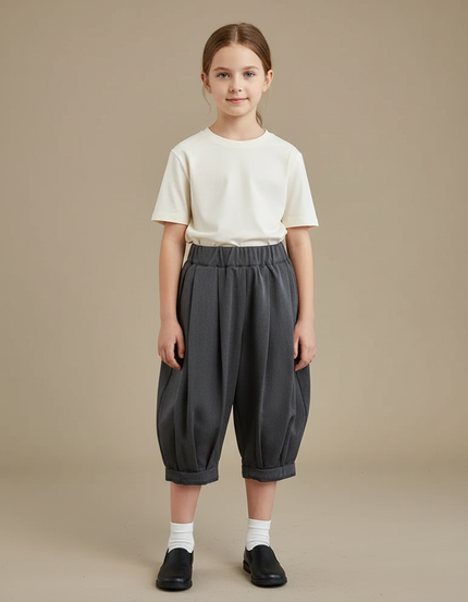 Pantalon À Pince Gris Plissé Ample Enfant Décontracté - Viscose