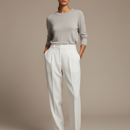 Pantalon À Pince Blanc Plissé Taille Haute Élégant Femme - Gabardine