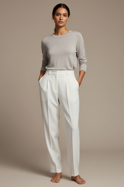 Pantalon À Pince Blanc Plissé Taille Haute Élégant Femme - Gabardine