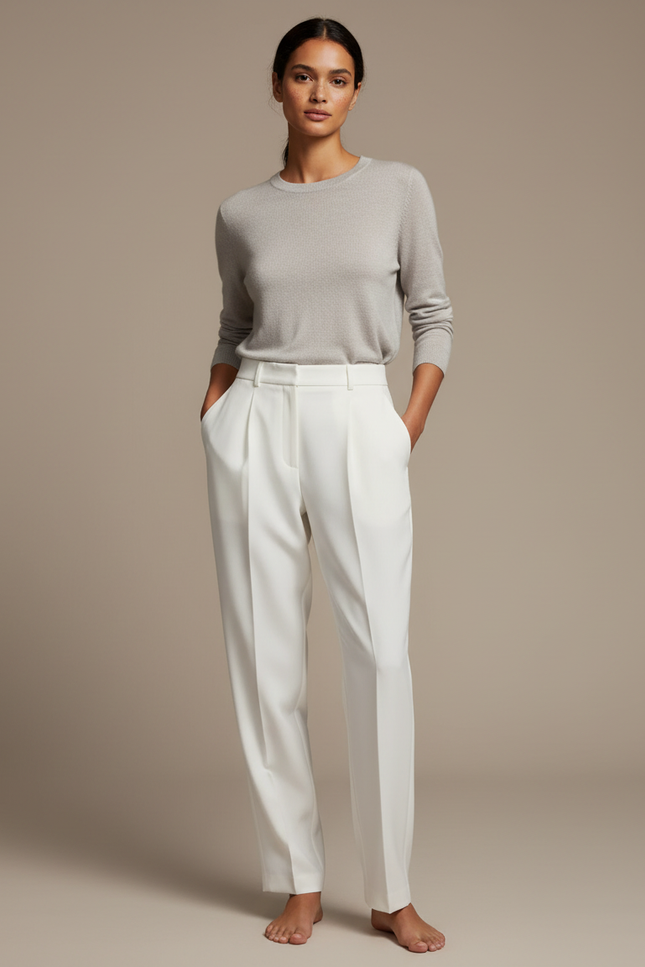 Pantalon À Pince Blanc Plissé Taille Haute Élégant Femme - Gabardine