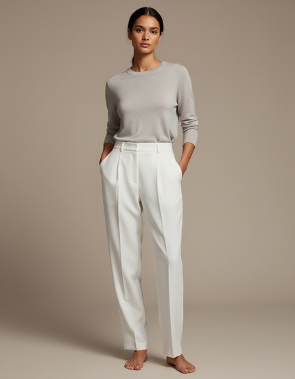 Pantalon À Pince Blanc Plissé Taille Haute Élégant Femme - Gabardine