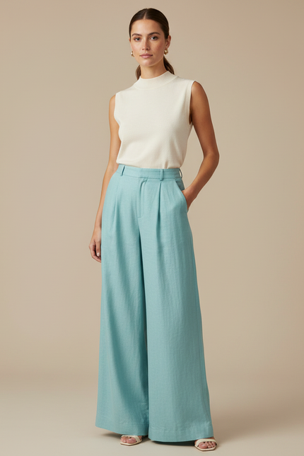 Pantalon À Pince Bleu Ciel Ample Lin Taille Haute
