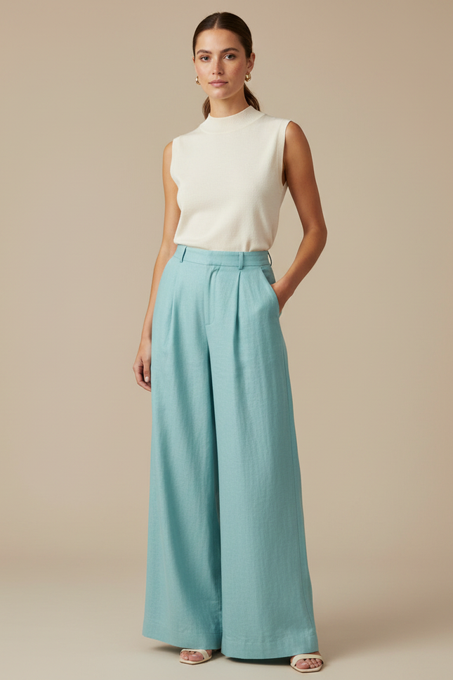 Pantalon À Pince Bleu Ciel Ample Lin Taille Haute