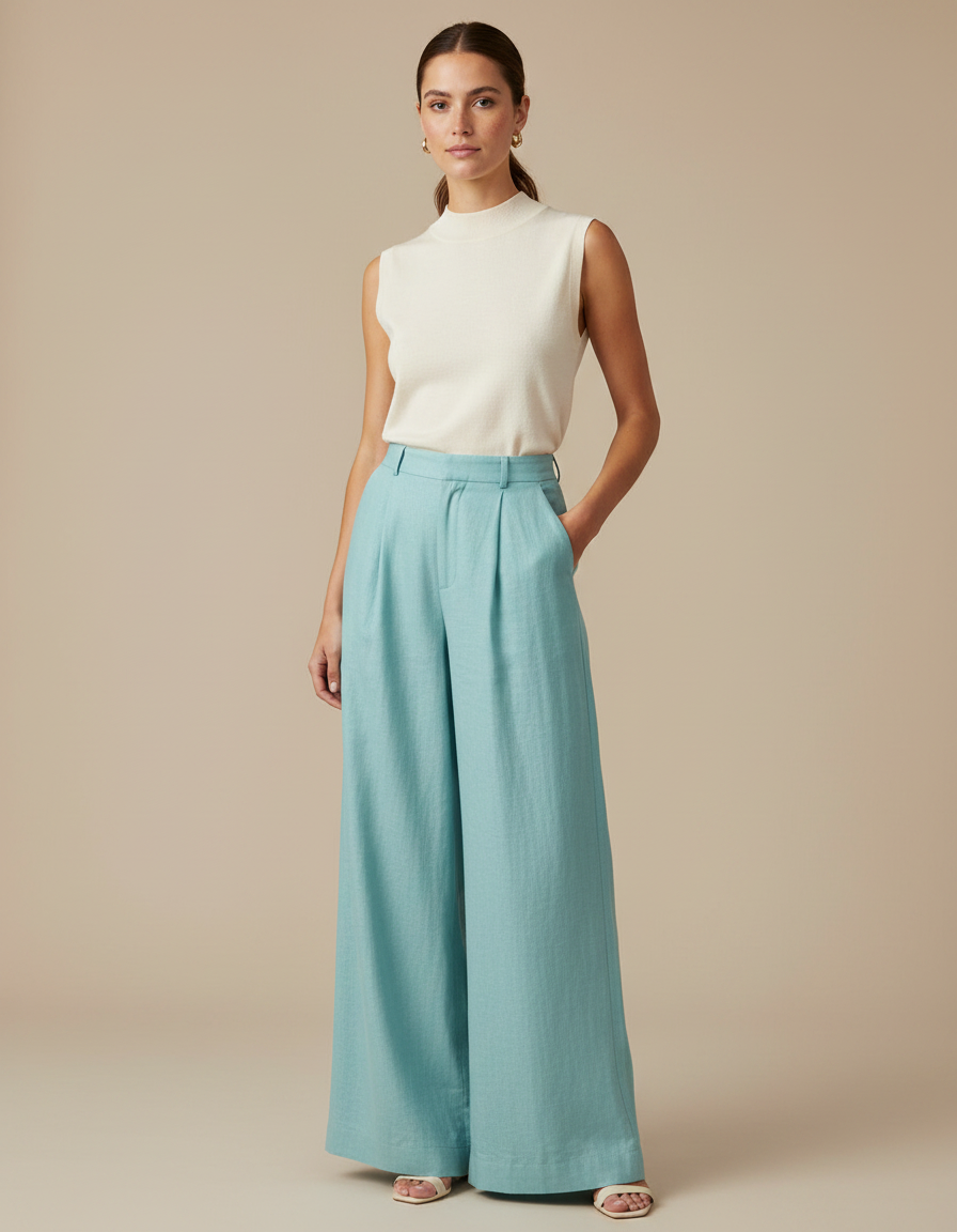 Pantalon À Pince Bleu Ciel Ample Lin Taille Haute