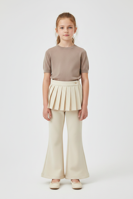 Pantalon À Pince Écru Plissé Évasé Enfant Élégant - Beige Gabardine