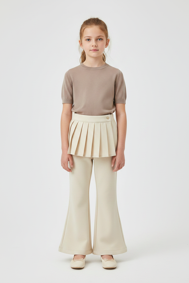 Pantalon À Pince Écru Plissé Évasé Enfant Élégant - Beige Gabardine