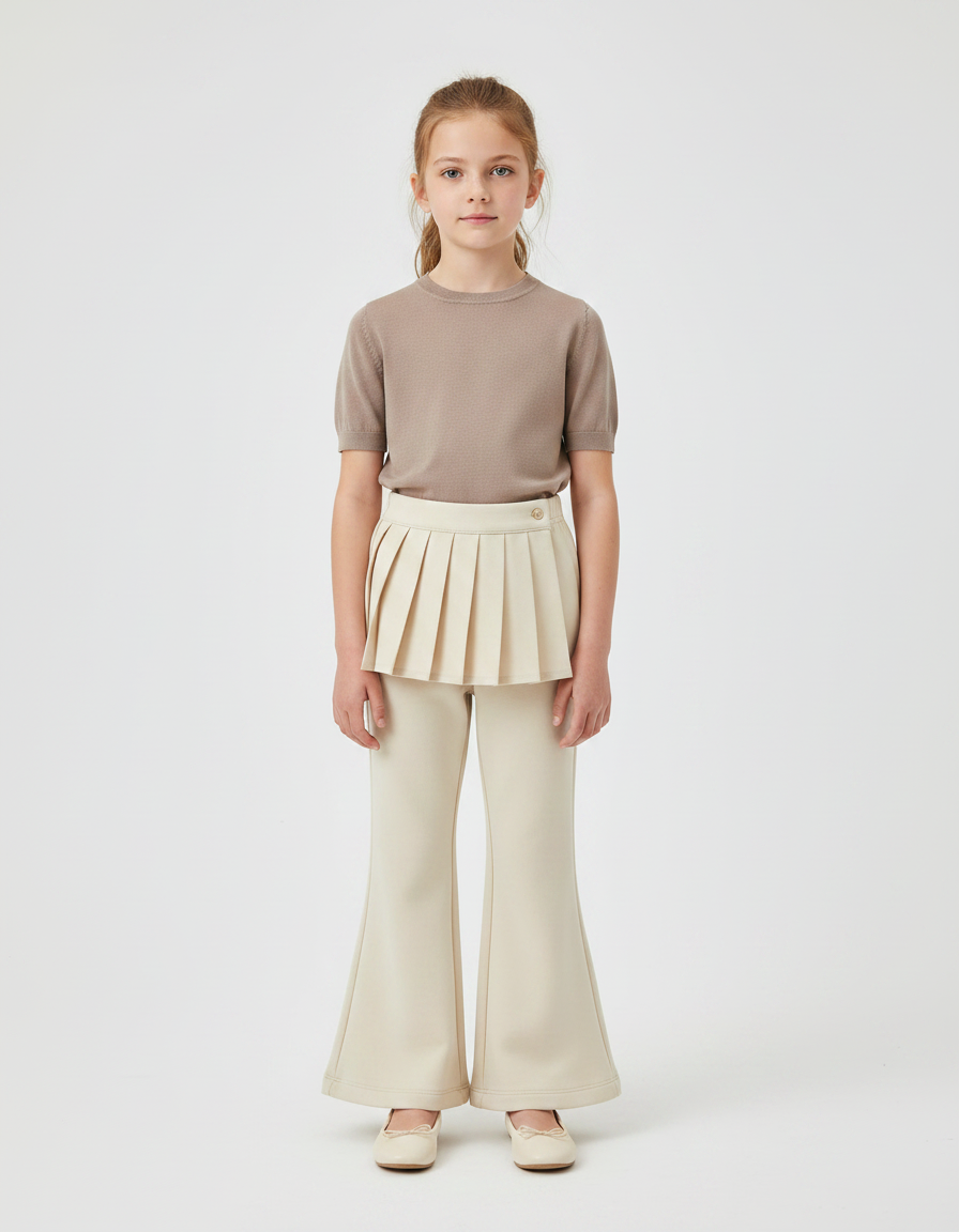 Pantalon À Pince Écru Plissé Évasé Enfant Élégant - Beige Gabardine