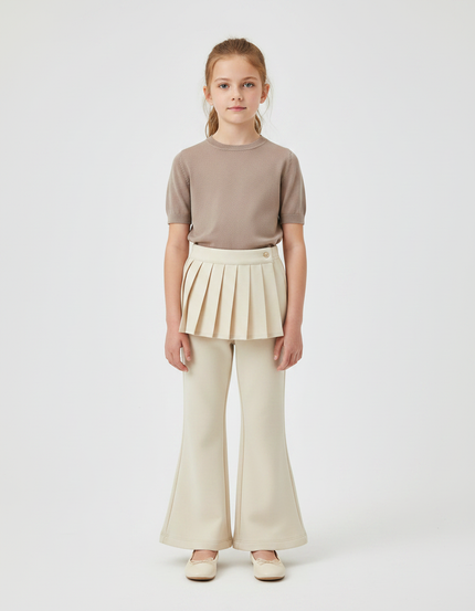 Pantalon À Pince Écru Plissé Évasé Enfant Élégant - Beige Gabardine