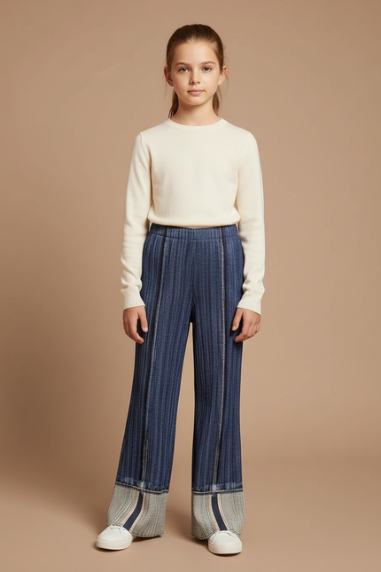 Pantalon À Pince Bleu Plissé Évasé Décontracté - Maille