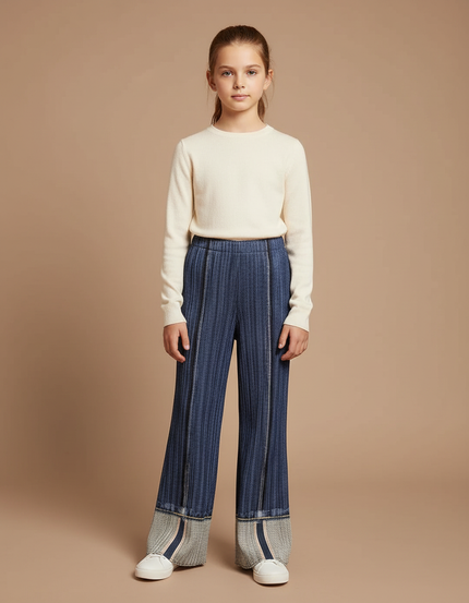 Pantalon À Pince Bleu Plissé Évasé Décontracté - Maille