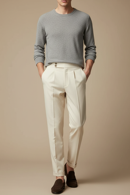 Pantalon À Pince Crème Plissé Élégant Slim Homme - Beige Gabardine