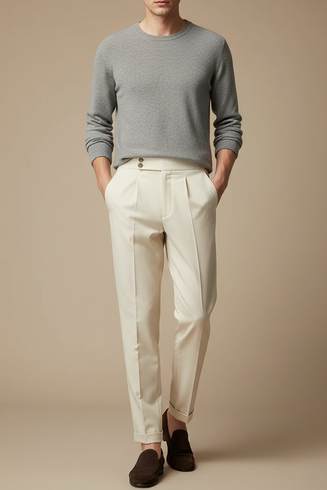 Pantalon À Pince Crème Plissé Élégant Slim Homme - Beige Gabardine