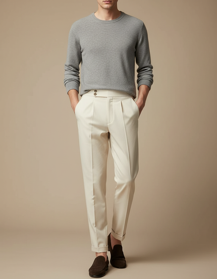 Pantalon À Pince Crème Plissé Élégant Slim Homme - Beige Gabardine