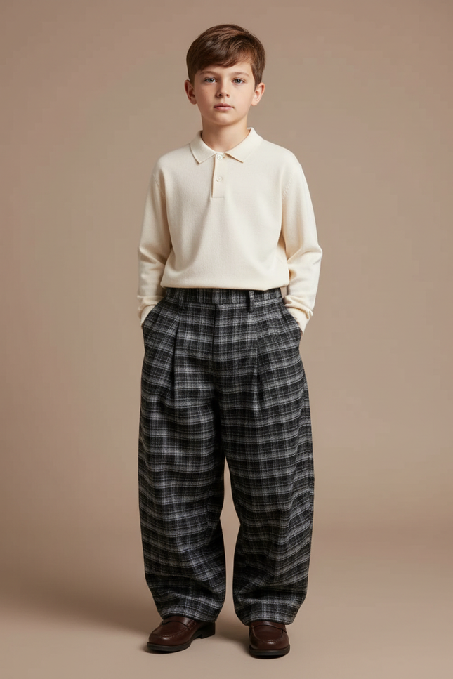 Pantalon À Pince Plaid Large Laine Épais Garçon Hiver - Gris
