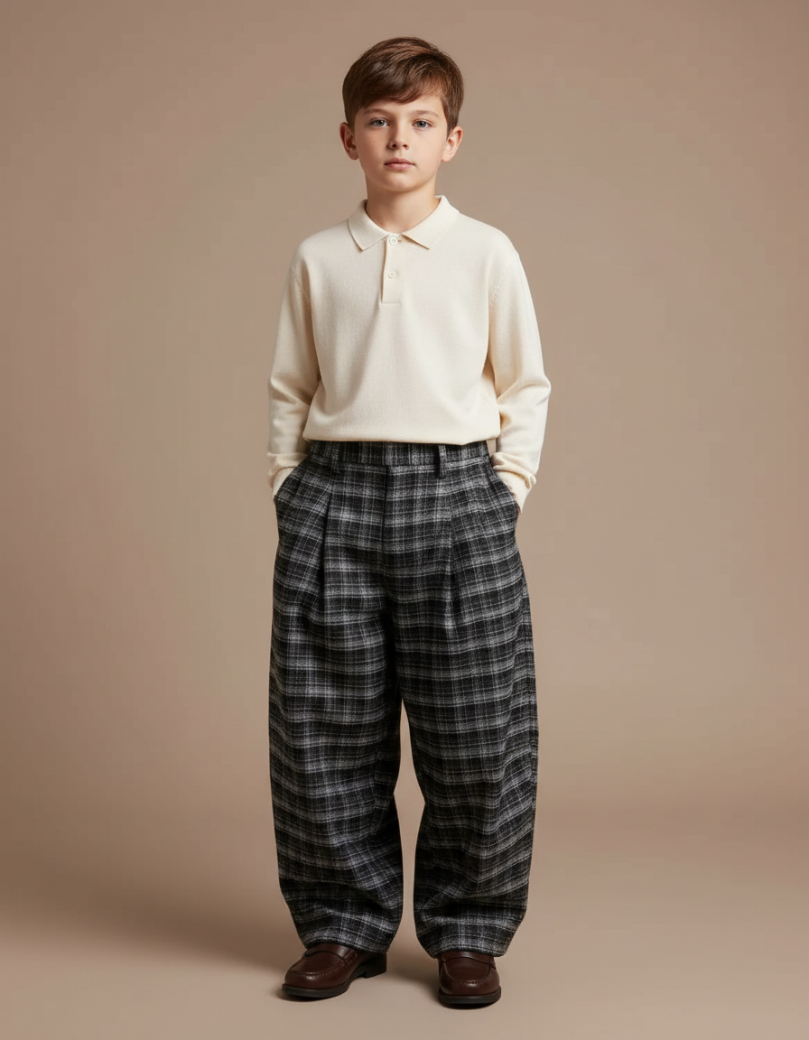 Pantalon À Pince Plaid Large Laine Épais Garçon Hiver - Gris