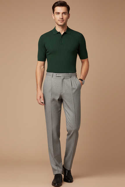 Pantalon À Pince Gris Clair Plissé Droit Homme - Laine