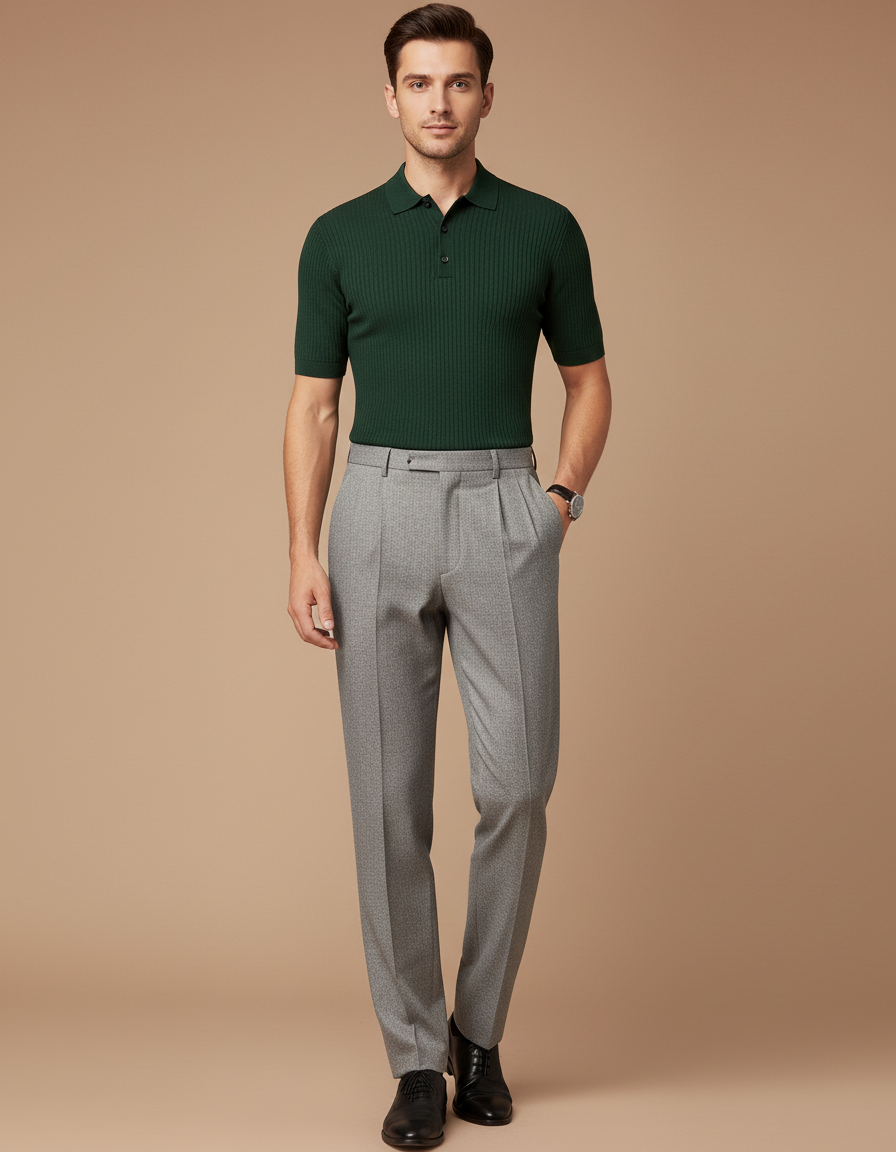Pantalon À Pince Gris Clair Plissé Droit Homme - Laine