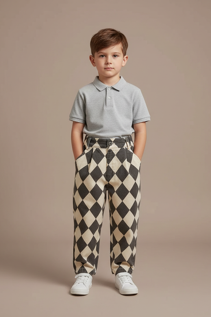 Pantalon À Pince Losanges Bicolore Ample Enfant Coton - Imprimé