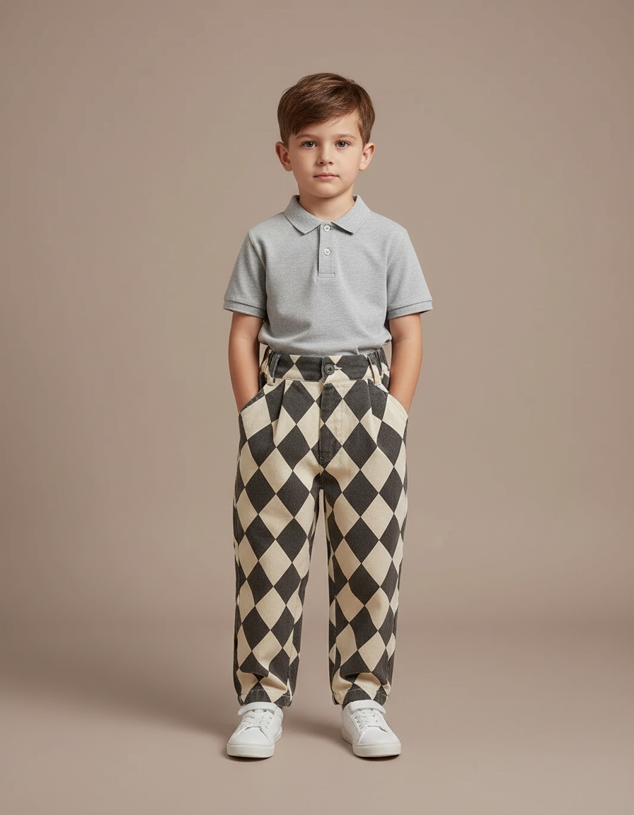 Pantalon À Pince Losanges Bicolore Ample Enfant Coton - Imprimé